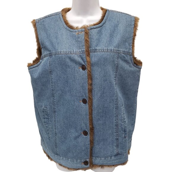 Denim & Co Womens Reversible Denim Vest Button Jacket Faux Fur Size Large - Picture 1 of 10